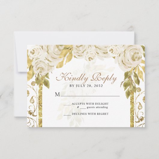 Floral Ivory White Gold Arch Quinceañera RSVP Karte (Vorderseite)