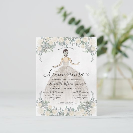 Floral Ivory White Princess Birthday Quinceanera I Einladungspostkarte (Stehend Vorderseite)