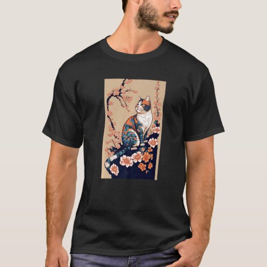 Floral Japanese Cat T-Shirt (Vorderseite)