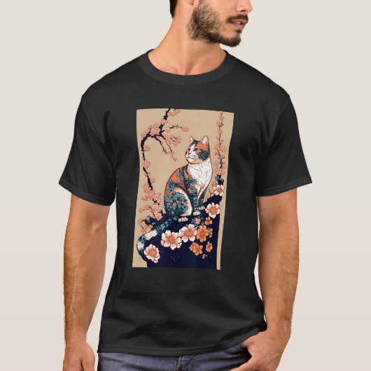 Floral Japanese Cat T-Shirt (Vorderseite)
