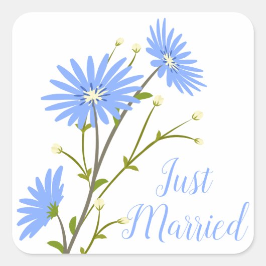 Floral Just Married Daisy Blume Blue Wedding Quadratischer Aufkleber (Vorderseite)