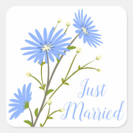Floral Just Married Daisy Blume Blue Wedding Quadratischer Aufkleber
