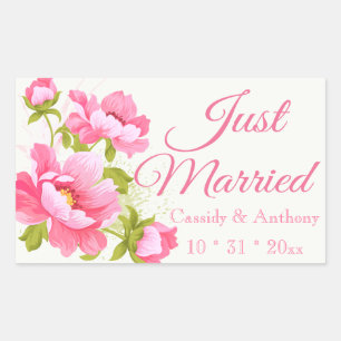 Floral Just Married Rosa Pfingstrosen Blumen Hochz Rechteckiger Aufkleber