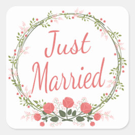 Floral Just Married Rose Rosa Blume Hochzeit Quadratischer Aufkleber