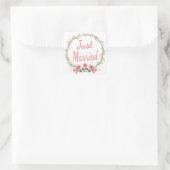 Floral Just Married Rose Rosa Blume Hochzeit Quadratischer Aufkleber (Tasche)