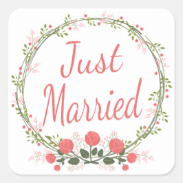 Floral Just Married Rose Rosa Blume Hochzeit Quadratischer Aufkleber