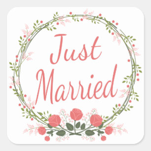 Floral Just Married Rose Rosa Blume Hochzeit Quadratischer Aufkleber
