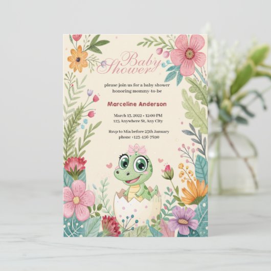Floral kawaii Baby Alligator Bruteier - Mädchen Einladung (Stehend Vorderseite)