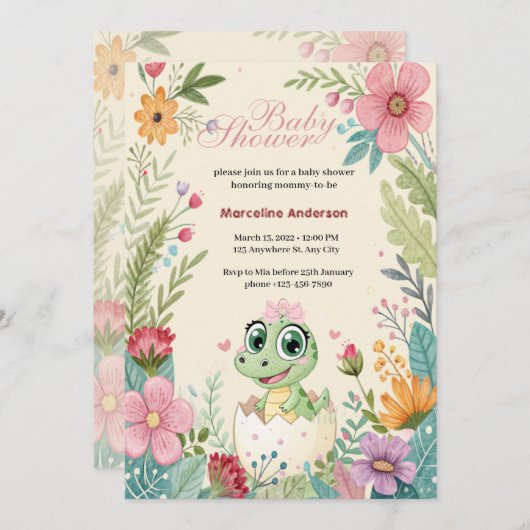 Floral kawaii Baby Alligator Bruteier - Mädchen Einladung (Vorne/Hinten)