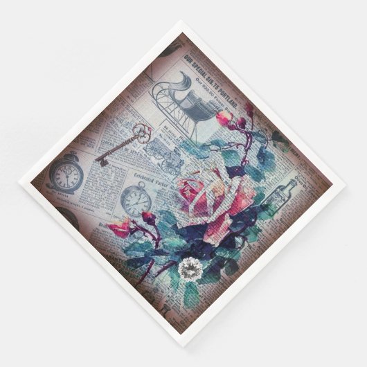Floral Key Ephemera Decoupage Serviette (Ecke)
