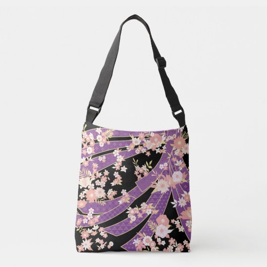 Floral Kimono Muster Violet Tragetaschen Mit Langen Trägern (Vorderseite)