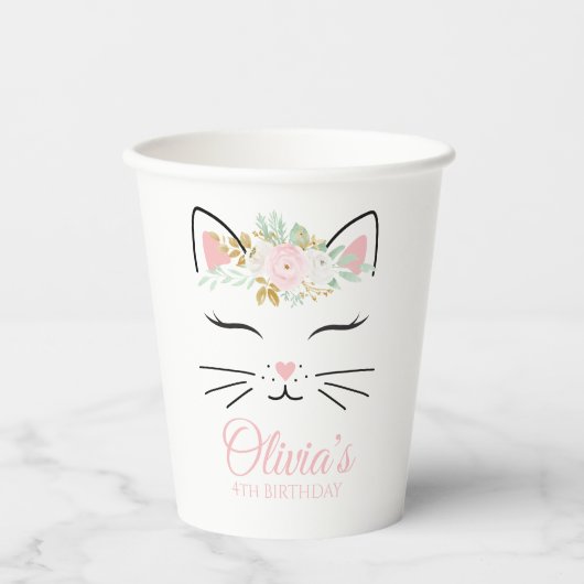 Floral Kitten Geburtstagsparty Kitty Gesicht Pappbecher (Vorderseite)