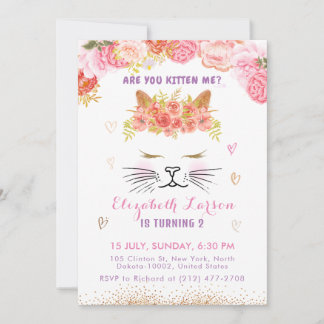 Floral Kitty Birthday Kids Niedlich Goldenes Party Einladung