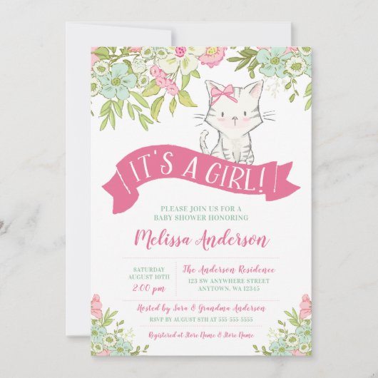 Floral Kitty Girl Babydusche Einladung (Vorderseite)