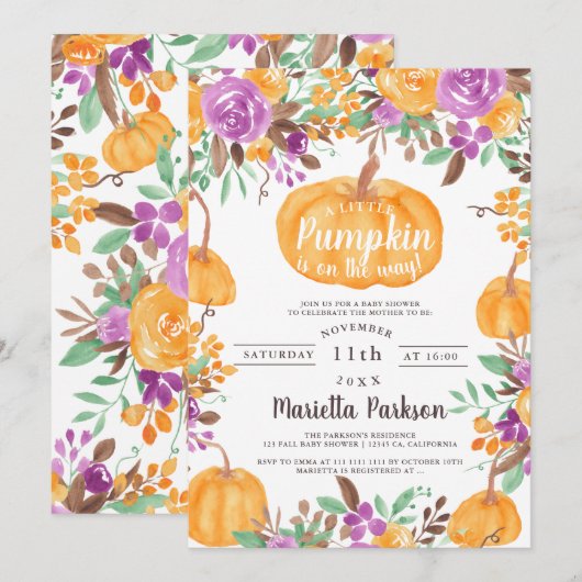 Floral Kleiner Kürbis Wasserfarbendusche Einladung (Vorne/Hinten)