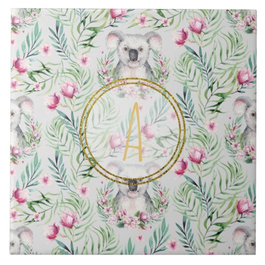 Floral KOALA BEAR Monogram Girls Bedroom Kinderzim Fliese (Vorderseite)