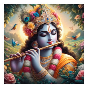 Floral Krishna Flute Serene Garden Fotodruck