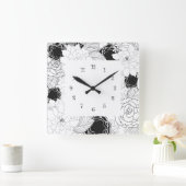 Floral Ktchen Wall Clocks - Black White Quadratische Wanduhr (Zuhause)