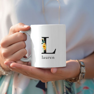 Floral-L-Monogramm-Tasse mit bearbeitbarem Namen Kaffeetasse