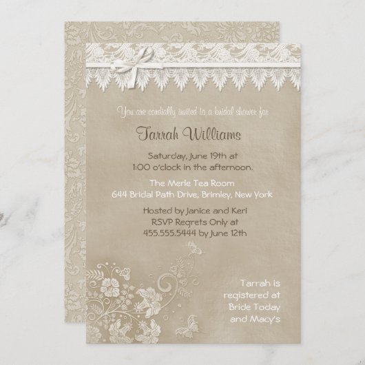 Floral Lace Butterfly Wedding Einladung (Vorne/Hinten)