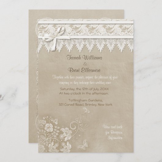 Floral Lace Butterfly Wedding Einladung (Vorne/Hinten)