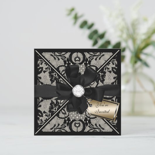 Floral Lace Einladung mit Diamond Bow (Stehend Vorderseite)