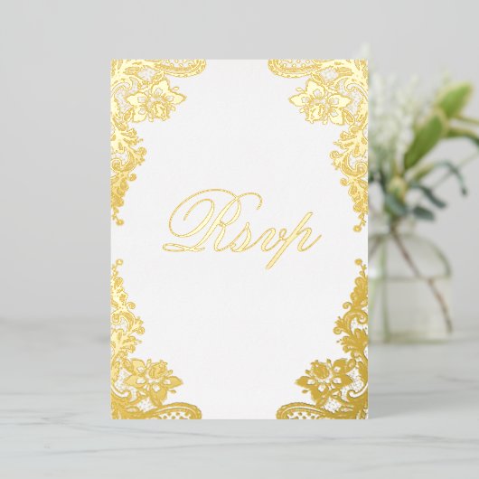 Floral Lace Wedding RSVP Real Gold Folieneinladung (Stehend vorne)
