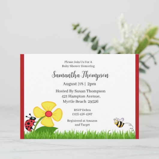 Floral Ladybug und Bee Baby Dusche Einladung (Stehend Vorderseite)