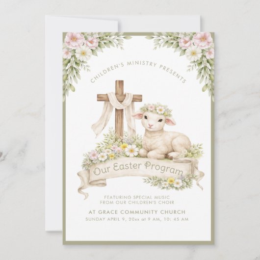 Floral Lamb with Cross | Easter Program Invitation Einladung (Vorderseite)