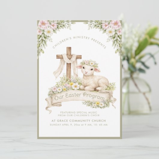 Floral Lamb with Cross | Easter Program Invitation Einladung (Stehend Vorderseite)