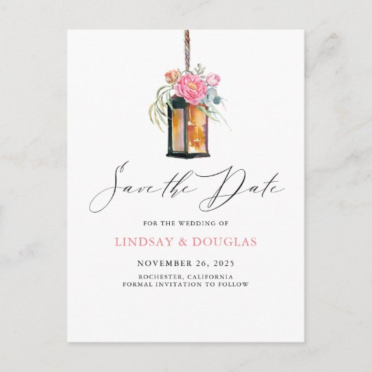 Floral Lantern Moderner Garten Save the Date Ankündigungspostkarte (Vorderseite)