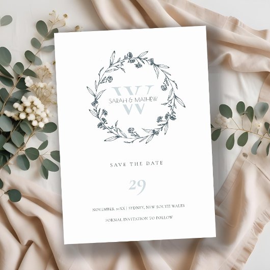Floral Laurel Wreath Monogram Save the Date-Karte Dankeskarte