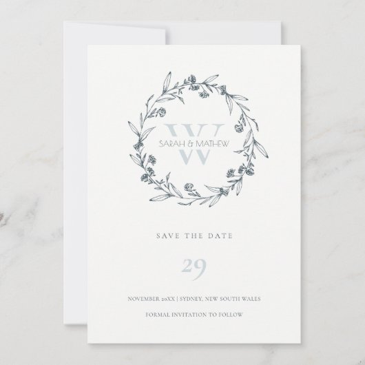 Floral Laurel Wreath Monogram Save the Date-Karte Dankeskarte (Vorderseite)