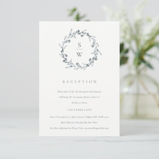 Floral Laurel Wreath Monogram Wedding Reception Begleitkarte (Stehend Vorderseite)