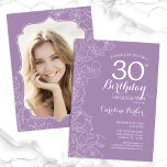 Floral Lavender Lila Foto 30. Geburtstag Party Einladung<br><div class="desc">Lavendel lila floral 30. Geburtstag Party Einladung mit Ihrem Foto auf der Rückseite der Karte. Elegantes modernes Design mit botanischen Kontur Zeichnungen Akzente und Typografie Drehbuch Schriftart. Einfache,  trendige Einladungskarte für eine stilvolle Damenfeier. Kann für jedes Alter angepasst werden. Gedruckte Zazzle Einladungen oder Sofortdownload digitalen druckbaren Vorlage.</div>