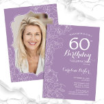 Floral Lavender Lila Foto 60. Geburtstagsparty Einladung<br><div class="desc">Lila Lavendel floral 60. Geburtstag Party Einladung mit Ihrem Foto auf der Rückseite der Karte. Elegantes modernes Design mit botanischen Kontur Zeichnungen Akzente und Typografie Drehbuch Schriftart. Einfache,  trendige Einladungskarte für eine stilvolle Damenfeier. Kann für jedes Alter angepasst werden. Gedruckte Zazzle Einladungen oder Sofortdownload digitalen druckbaren Vorlage.</div>