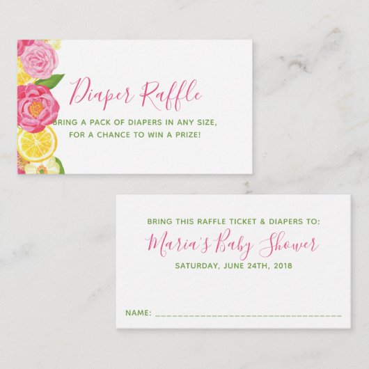 Floral Lemon Baby Showdiaper Raffel Ticket Begleitkarte (Vorne/Hinten)