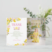 Floral Lemon Birthday Photo Dankeskarte (Stehend Vorderseite)