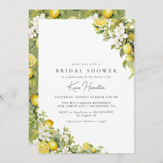 Floral Lemon | Elegant Yellow Green Bridal Shower Einladung (Vorne/Hinten)