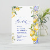 Floral Lemon Mediterranean Blue Tile Bridal Shower Einladung (Stehend Vorderseite)