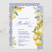 Floral Lemon Mediterranean Blue Tile Bridal Shower Einladung (Vorne/Hinten)