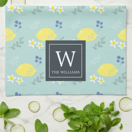 Floral Lemon Muster Mint Grünes Küchentuch (Gefaltet)