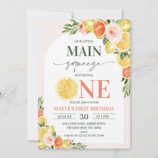 Floral Lemon Orange unser Hauptpresse 1. Geburtsta Einladung (Vorderseite)