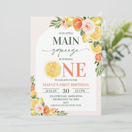 Floral Lemon Orange unser Hauptpresse 1. Geburtsta Einladung (Stehend Vorderseite)