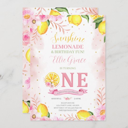 Floral Lemonade 1. Geburtstag Einladung (Vorne/Hinten)