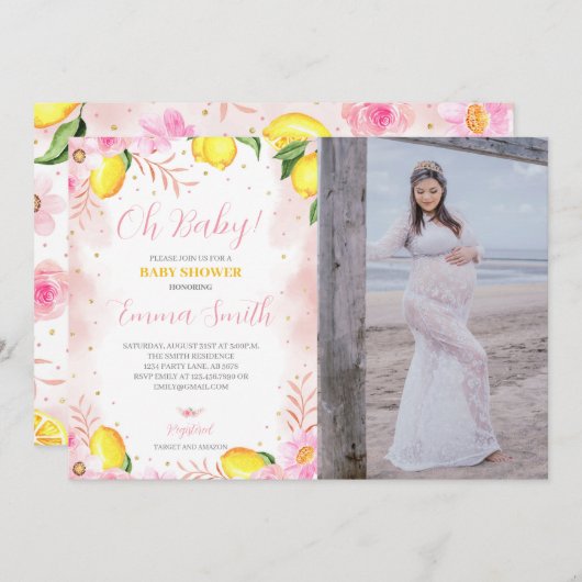 Floral Lemonade Baby Dusche Foto Einladung (Vorne/Hinten)