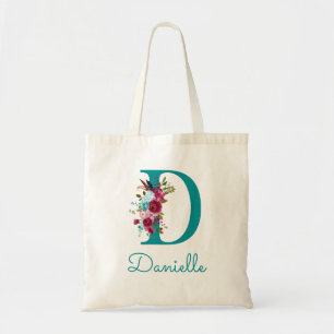 Floral Letter D Script Monogram Aquamarin rosa Tragetasche