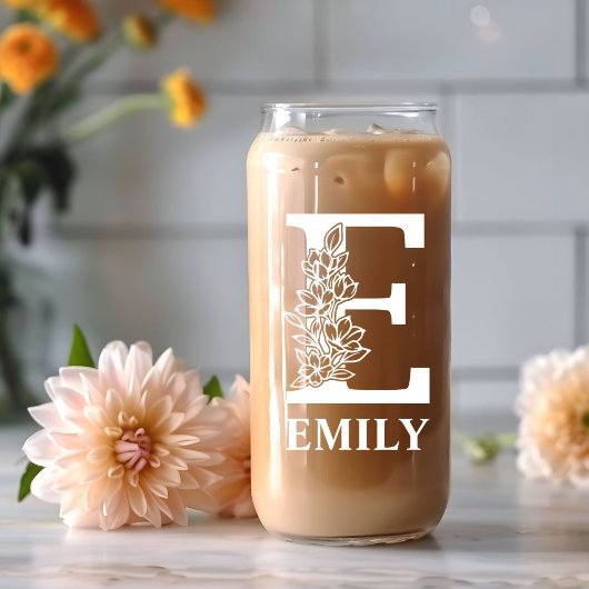 Floral Letter E Monogramm Personalisiert Name Weiß Dosenglas