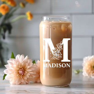 Floral Letter M Monogramm Personalisiert Name Weiß Dosenglas