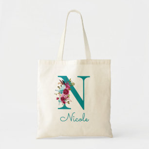 Floral Letter N Script Monogram Aquamarin rosa Tragetasche